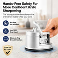 A hands-free knife sharpener with a strong suction base being demonstrated by a hand on a countertop. The image includes marketing text and icons highlighting features like hands-free safety, no slips, use with one hand, and sticking to any smooth surface.