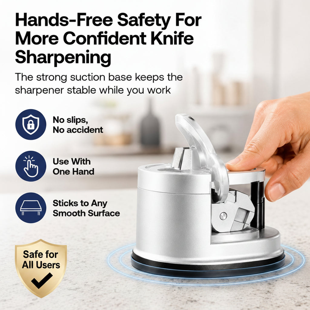 A hands-free knife sharpener with a strong suction base being demonstrated by a hand on a countertop. The image includes marketing text and icons highlighting features like hands-free safety, no slips, use with one hand, and sticking to any smooth surface.