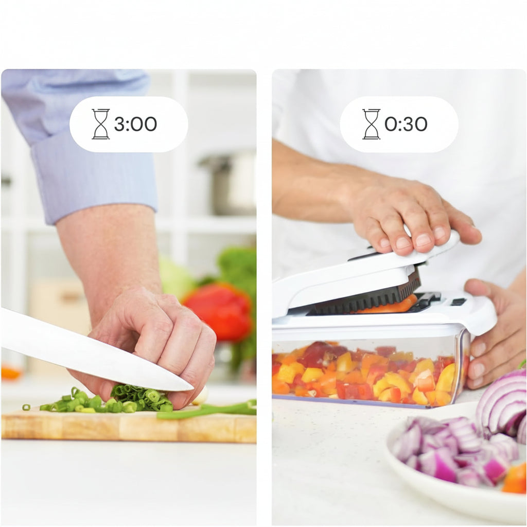 Comparison of time taken to chop vegetables with and without a kitchen tool, with text 'Built for Speed'.