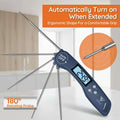 Digital rotisserie probe thermometer with multiple extendable metal probes, shown with promotional text and graphics highlighting auto-on feature and rotating probe.
