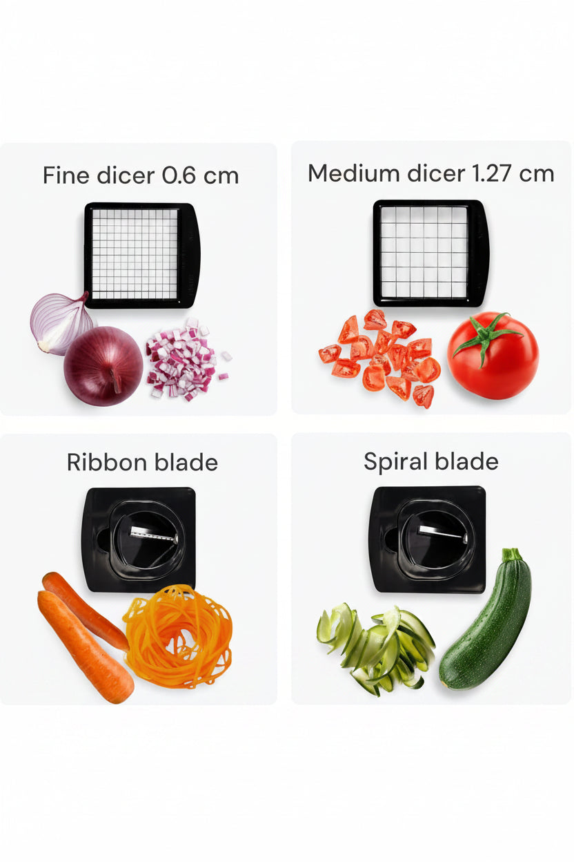 Vegetable chopper with different blades and their corresponding cuts on a white background.