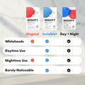 Comparison chart of Mighty Patch products for whiteheads, daytime use, nighttime use, and barely noticeable effects.