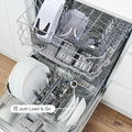 Dishwasher with dishes inside, labeled 'Dishwasher Safe' and 'Just Load & Go'.