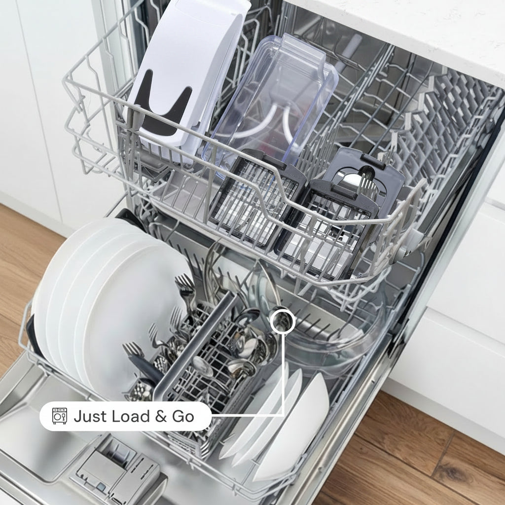 Dishwasher with dishes inside, labeled 'Dishwasher Safe' and 'Just Load & Go'.