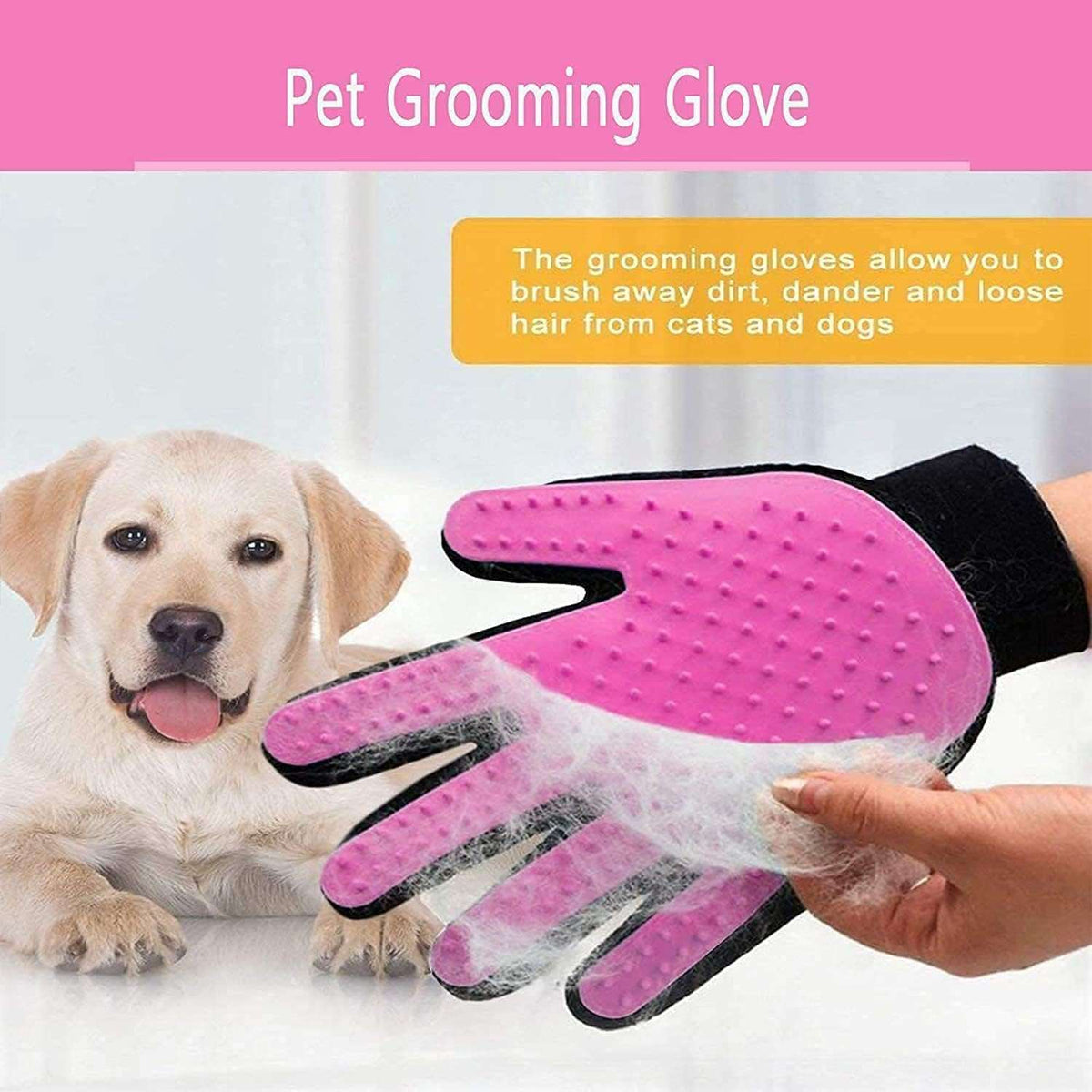 Pet grooming glove with a dog in the background on a pink and white background