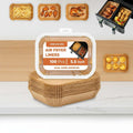 A pack of 100 unbleached kraft paper air fryer liners, 5.5 inches in diameter, shown in a clear plastic clamshell container with a printed label.