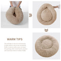 Three-panel product demonstration showing a fluffy beige pet bed or cushion in different states: partially inflated with hands visible, fully inflated, and a close-up of the fluffy texture. Text on the left explains that the package is vacuum compressed and the product is fluffy after shaking.