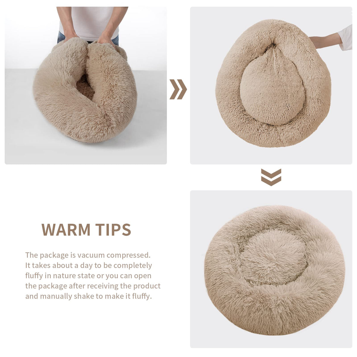 Three-panel product demonstration showing a fluffy beige pet bed or cushion in different states: partially inflated with hands visible, fully inflated, and a close-up of the fluffy texture. Text on the left explains that the package is vacuum compressed and the product is fluffy after shaking.