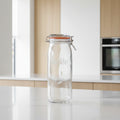 A clear Kilmer 2.1 litre glass storage jar with a clamp lid, shown on a white background with size labels (30.