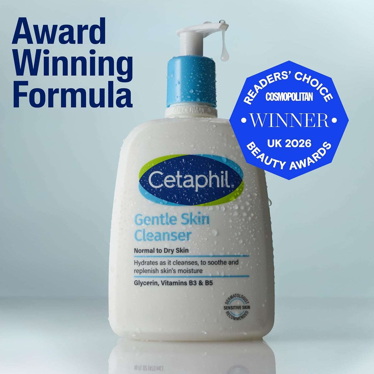 A bottle of Cetaphil Gentle Skin Cleanser with a blue pump, shown on a light blue background with promotional text reading 'Award Winning Formula' and a blue Readers' Choice 2026 badge.