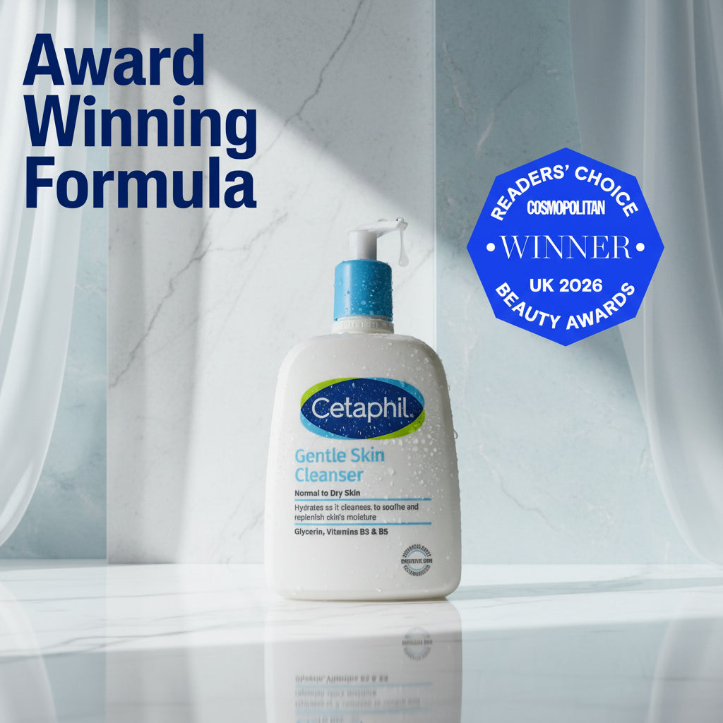 A bottle of Cetaphil Gentle Skin Cleanser with a blue pump, shown on a light blue gradient background with promotional text reading 'Award Winning Formula' and a blue Readers' Choice 2026 badge.