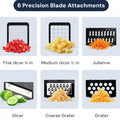 Dicer with various cutting attachments and food examples on a white background