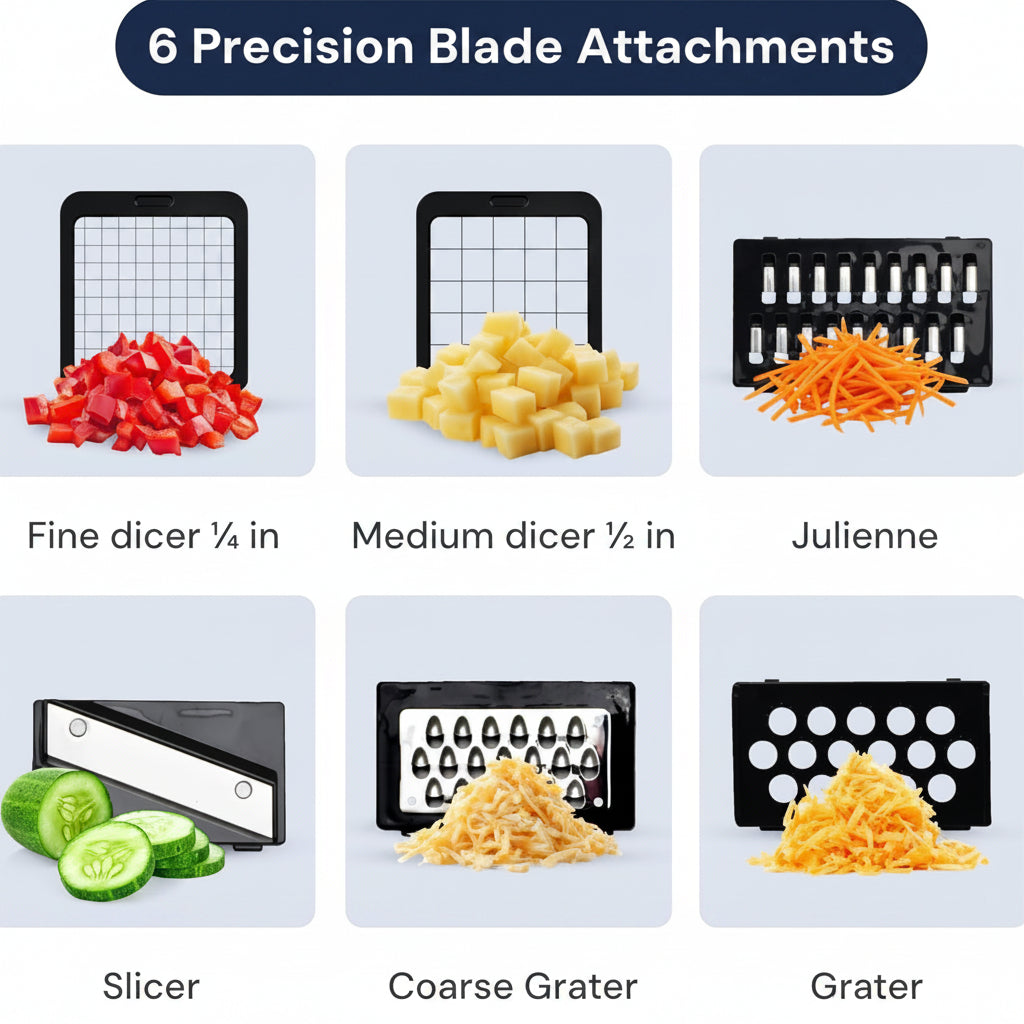 Dicer with various cutting attachments and food examples on a white background