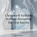 Bubbles and droplets on a blue background with text about skincare benefits.