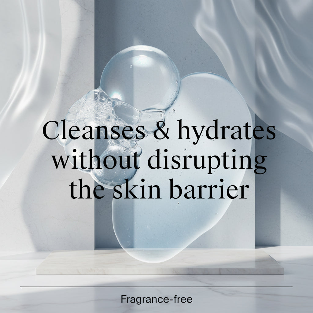 Bubbles and droplets on a blue background with text about skincare benefits.