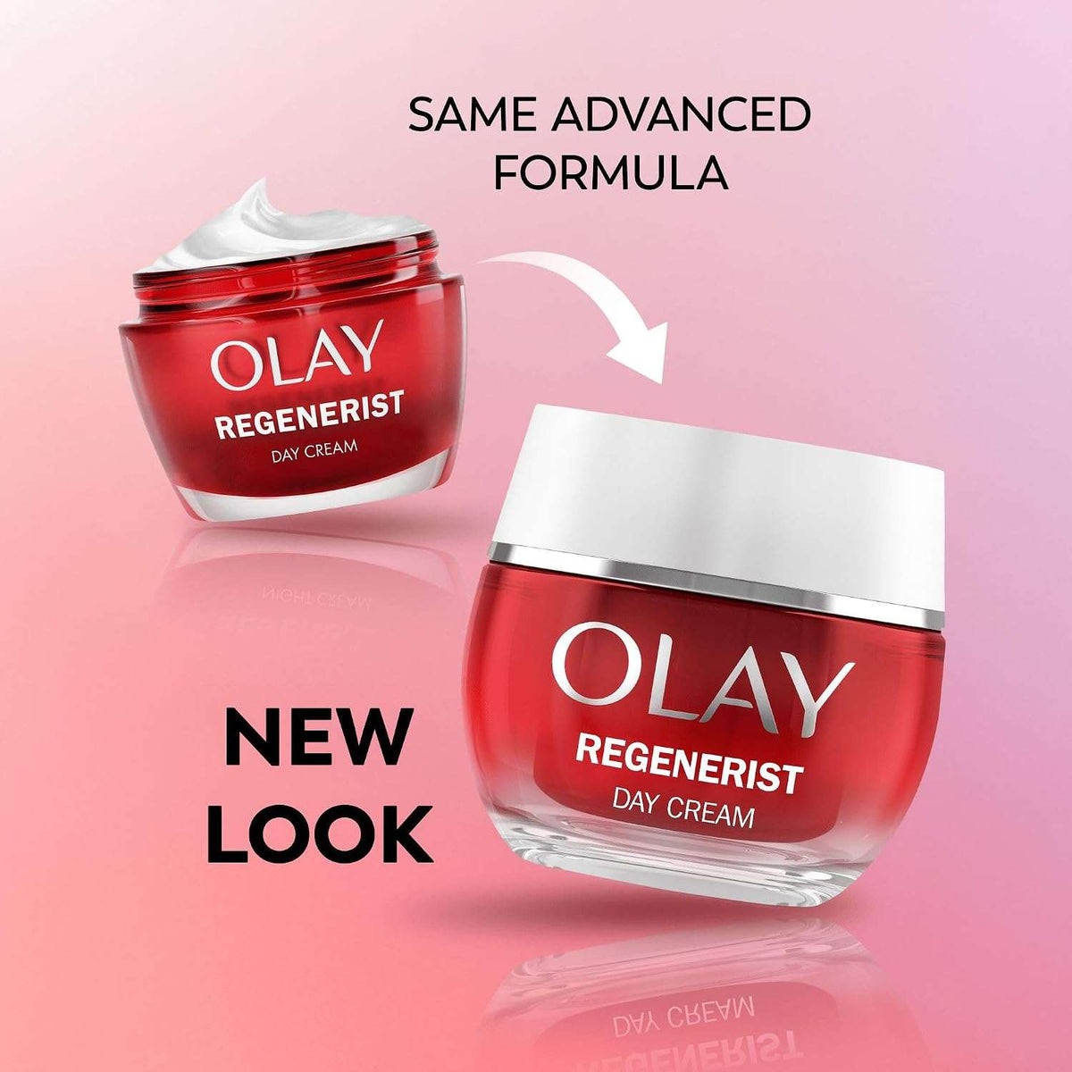 Two jars of Olay Regenerist Day Cream on a pink gradient background, with one jar showing the old red-and-white design and the other showing a new white lid, plus text reading 'SAME ADVANCED FORMULA' and 'NEW LOOK'.