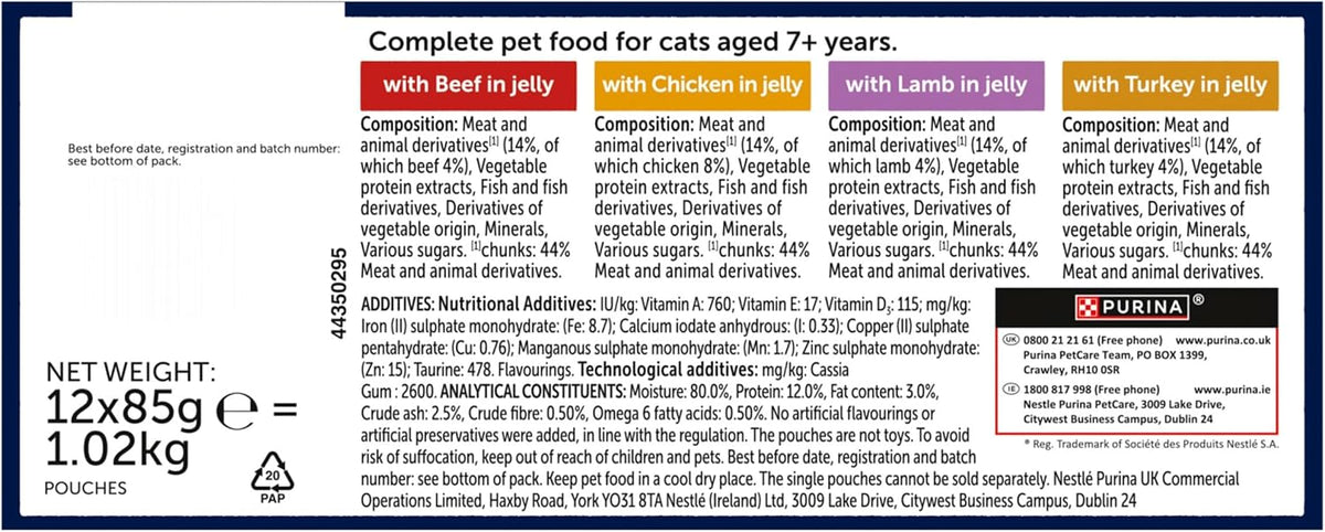 A product information card for pet food pouches, showing four flavor options with red, yellow, and green header panels: Beef in jelly, Chicken in jelly, Lamb in jelly, and Turkey in jelly. The card includes net weight, ingredients, and a small product photo of a clear pouch with a red label at the bottom.