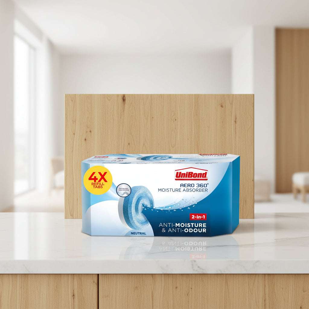 UniBond Aero 360 moisture absorber packaging with blue and white design