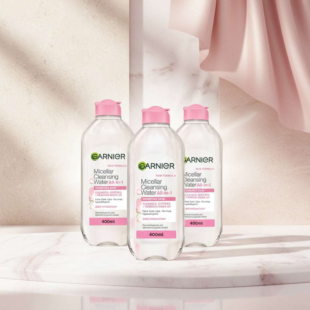 Garnier Micellar Cleansing Water All-in-1 in a 700ml clear bottle with a bright pink cap and pink label accents.