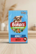 Bag of Bakers dog food with a blue background and a dog on the label.