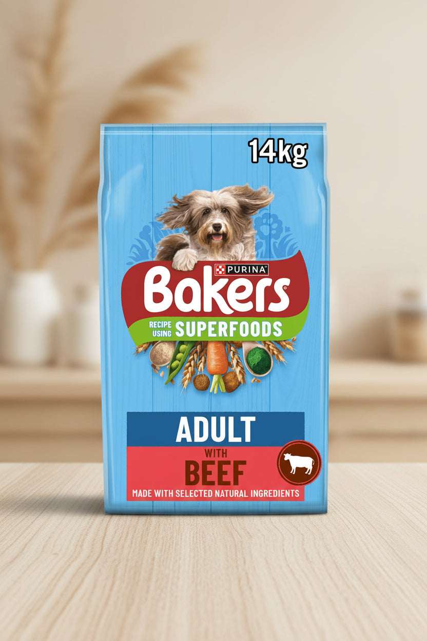 Bag of Bakers dog food with a blue background and a dog on the label.