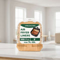 Packaging of air fryer liners with images of food and usage scenarios.