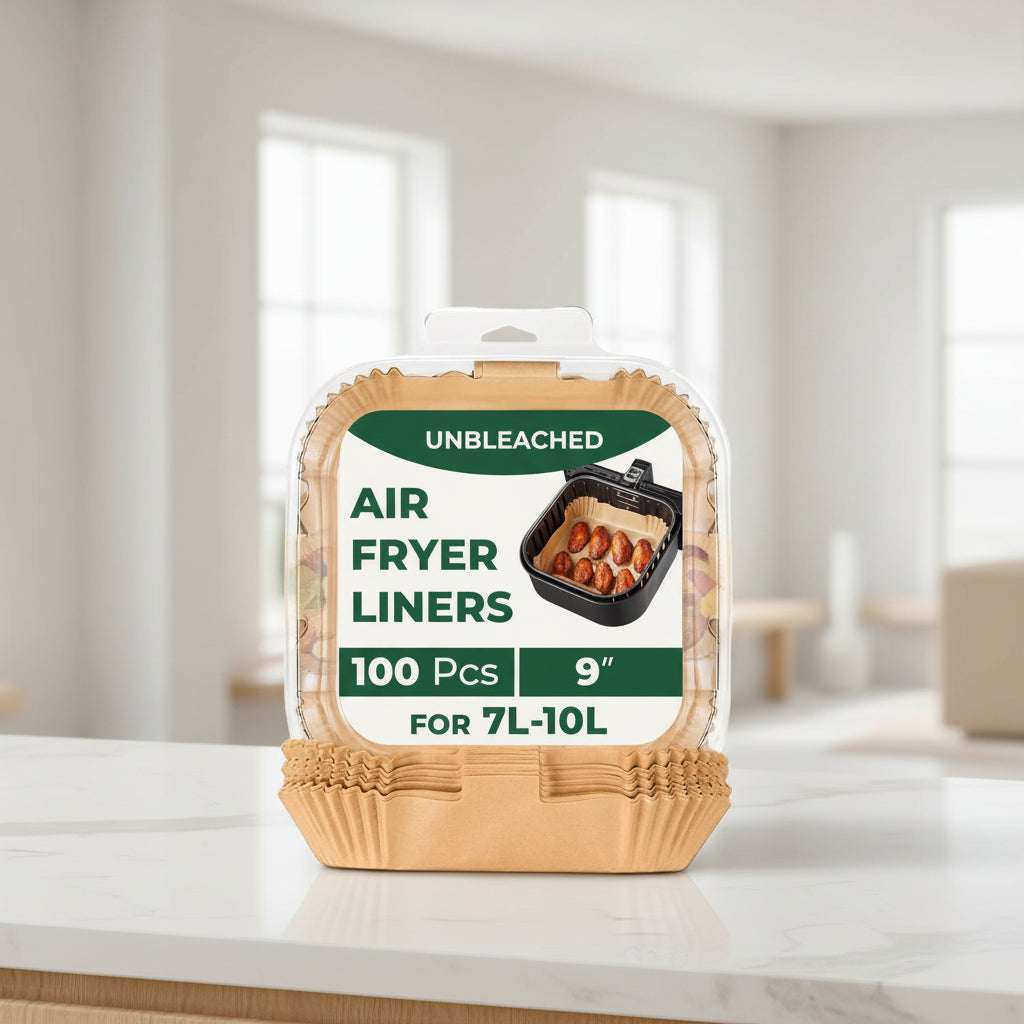 Packaging of air fryer liners with images of food and usage scenarios.