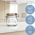 A 0.5 litre clear glass clamp-lid jar with a metal wire bail and rubber seal, shown on a white background with dimension labels (11 cm diameter, 11.
