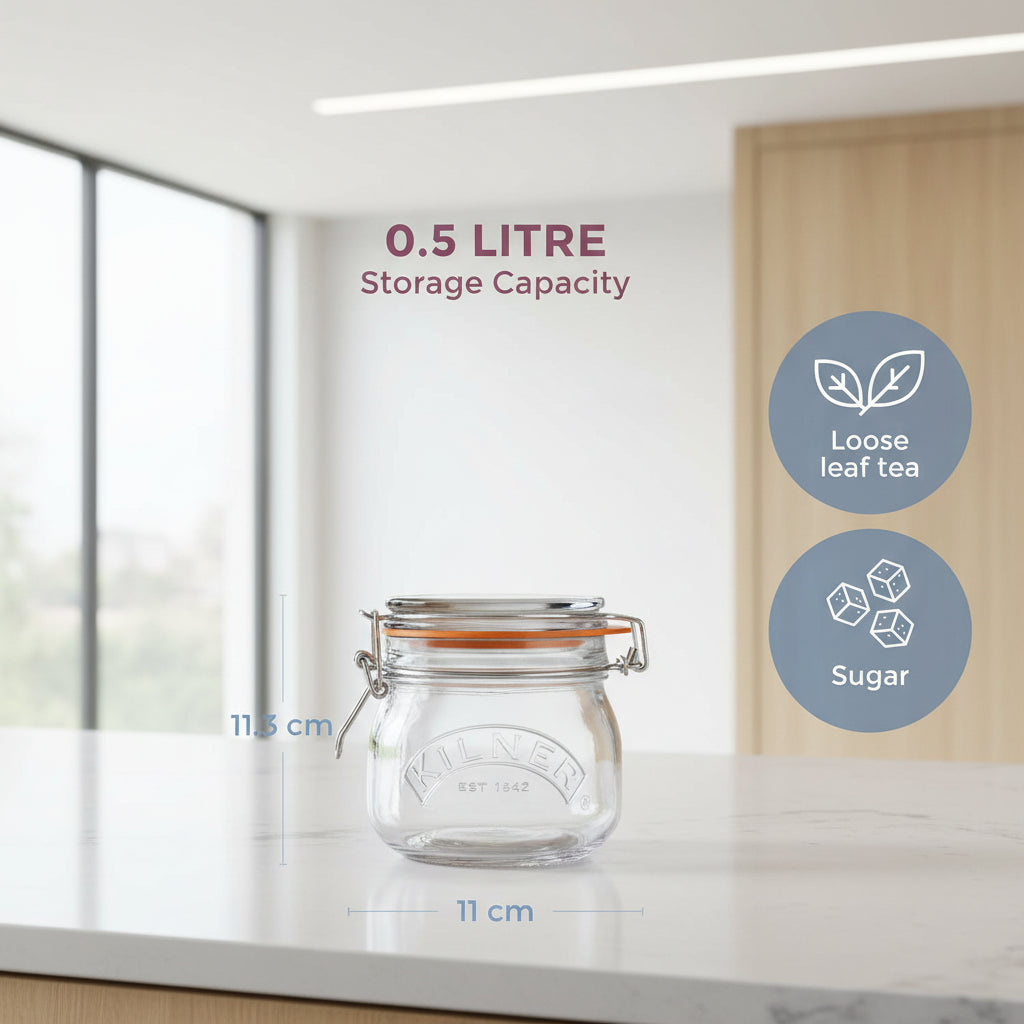 A clear glass clamp-lid storage jar labeled KILNER, shown with dimension lines indicating 11 cm width and 11.3 cm height, alongside text stating 0.