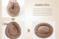 A three-panel product explainer showing a fluffy circular pet bed in different states: packaged/compressed, being held by a person, and fully expanded. Text on the right says 'WARM TIPS' and explains that the package is vacuum compressed and the pet bed is fluffy in nature.