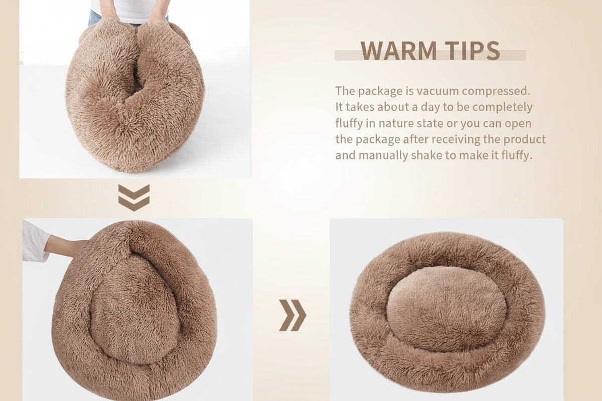 A three-panel product explainer showing a fluffy circular pet bed in different states: packaged/compressed, being held by a person, and fully expanded. Text on the right says 'WARM TIPS' and explains that the package is vacuum compressed and the pet bed is fluffy in nature.