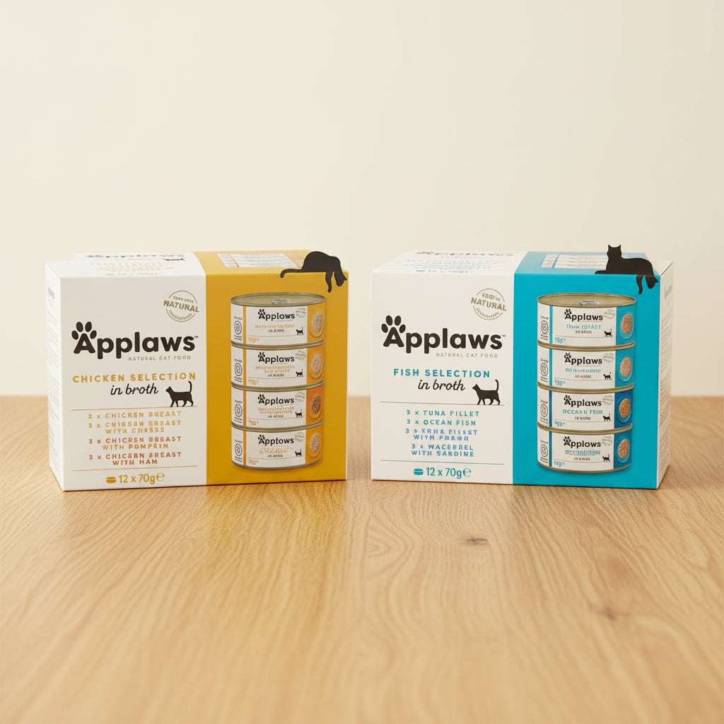 Applaws pet food packaging including cans and boxes on a purple and white background with text 'What's on their menu today?'.