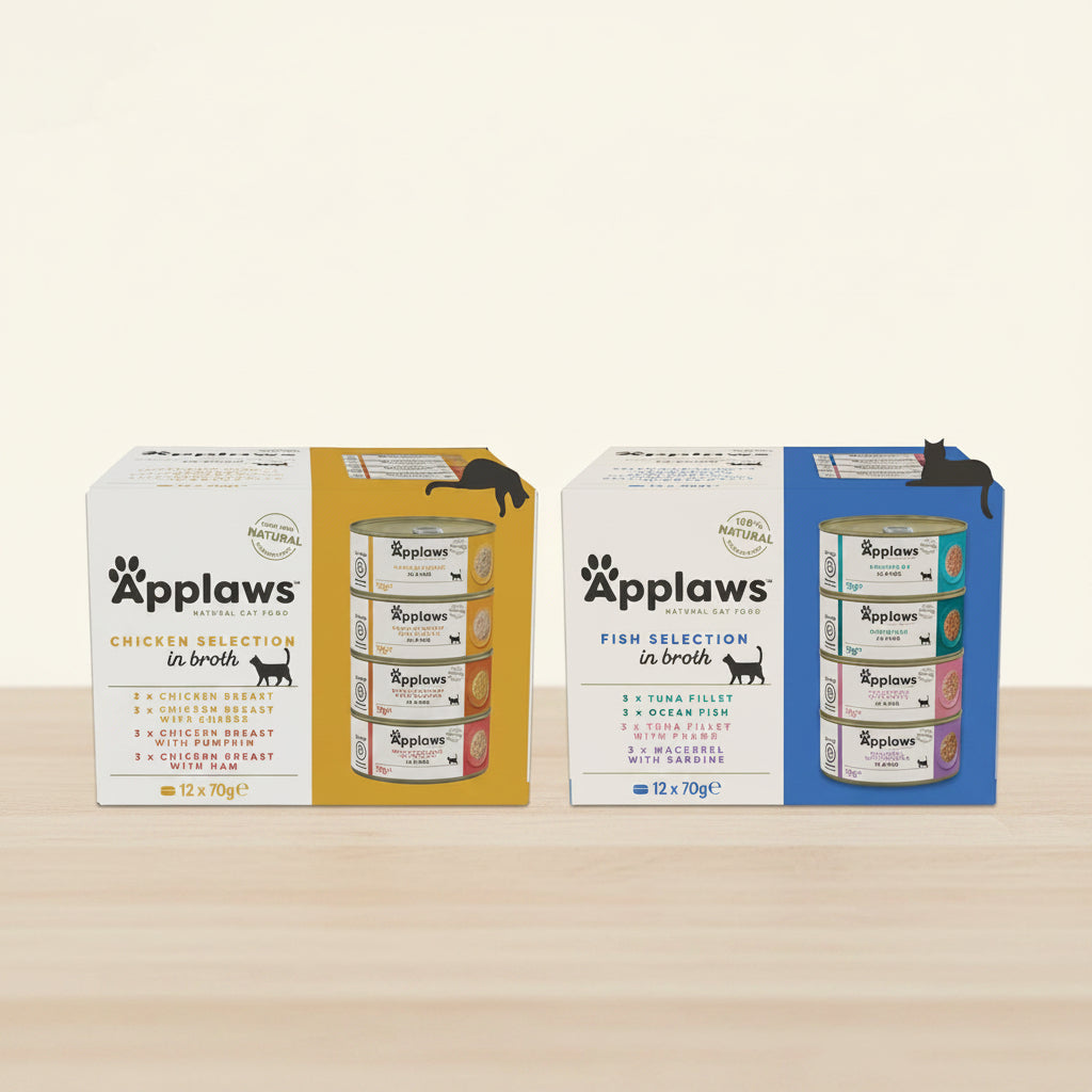 Applaws pet food packaging including cans and boxes on a purple and white background with text 'What's on their menu today?'.