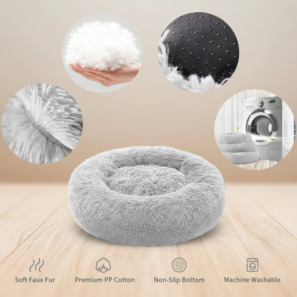 A plush round pet bed in light gray faux fur is shown on a white background with circular detail insets highlighting the soft texture, raised non-slip dots on the bottom, and a folded version being washed in a laundry machine. Text at the bottom reads Soft Faux Fur, Premium PP Cotton, Non-Slip Bottom, and Machine Washable.