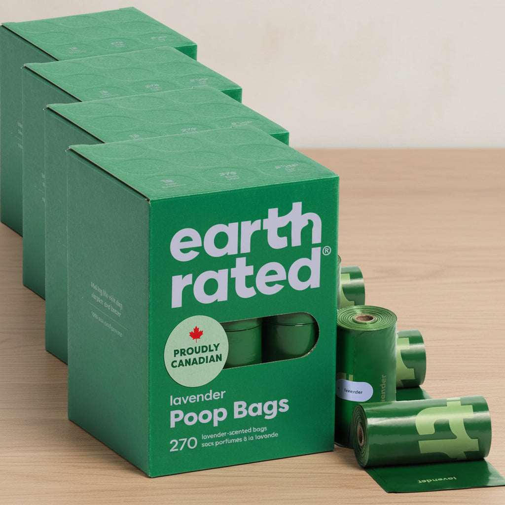 Green box of earth rated lavender poop bags with a roll on a white background