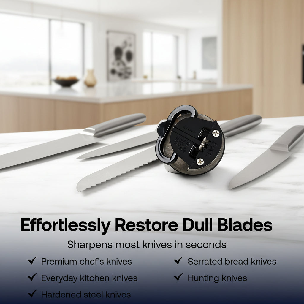 A kitchen knife sharpener tool placed on a white marble surface with several knives around it. Text below reads 'Effortlessly Restore Dull Blades' and lists knife types it sharpens.