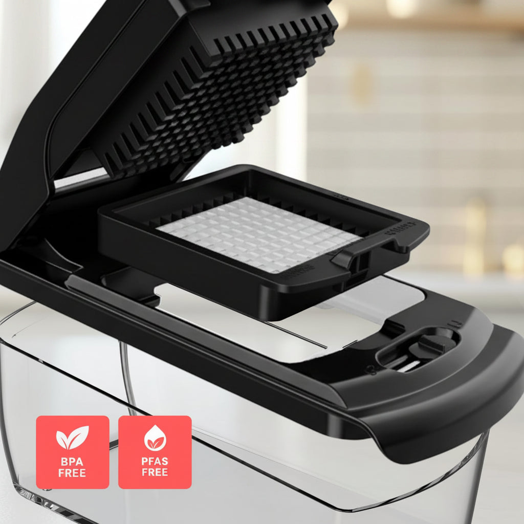 Dishwasher with food safe material and BPA/PFAS-free features, on a blurred kitchen background.