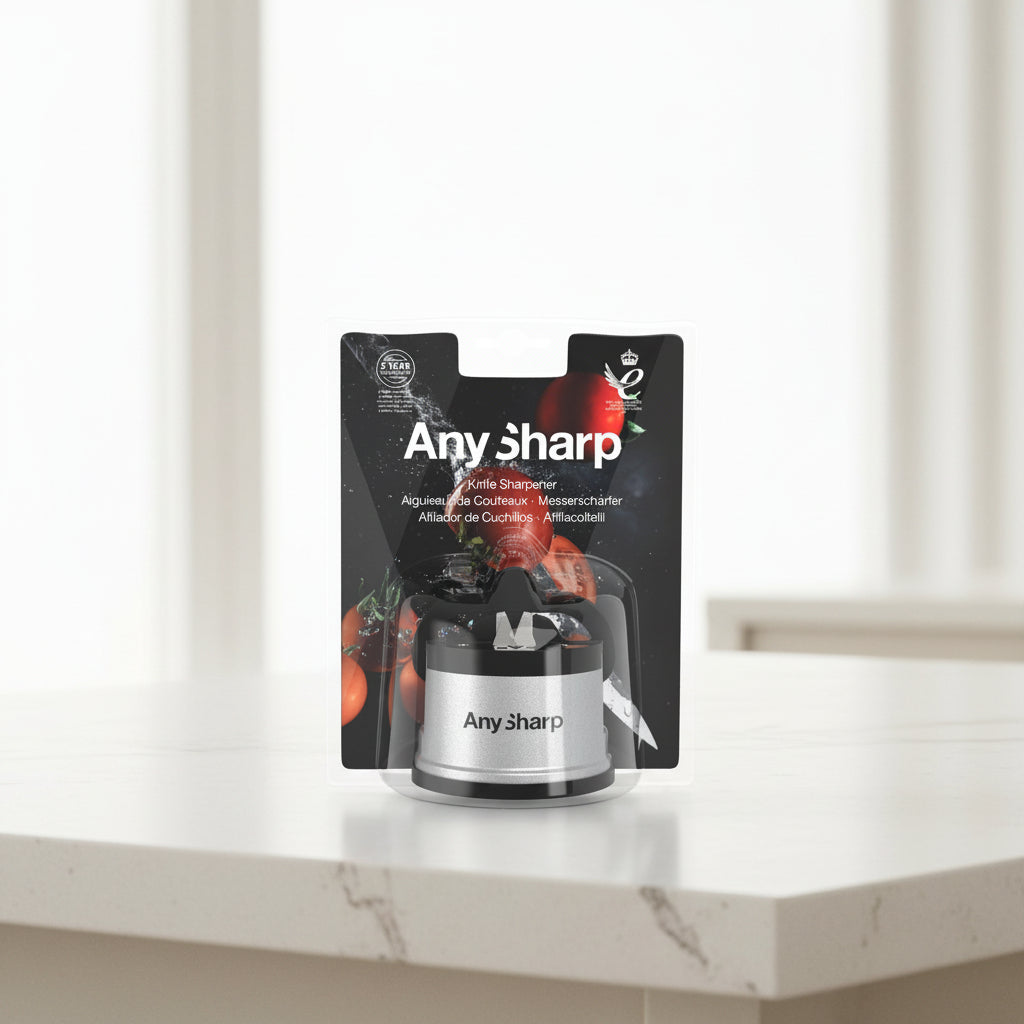 Any Sharp knife sharpener in its original retail packaging, featuring a black and silver metal sharpener visible through a clear plastic blister pack with a black backing card.
