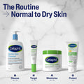 Cetaphil skincare products with step-by-step routine on a white background