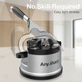 Anysharp electric knife sharpener shown with a knife inserted, on a white background with a black banner at the top reading 'No Skill Required' and 'Easy light strokes'.