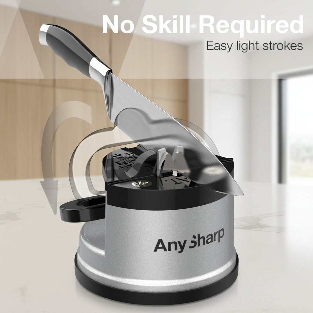 Anysharp electric knife sharpener shown with a knife inserted, on a white background with a black banner at the top reading 'No Skill Required' and 'Easy light strokes'.