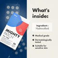 Mighty Patch packaging with ingredient details on a blue and white background