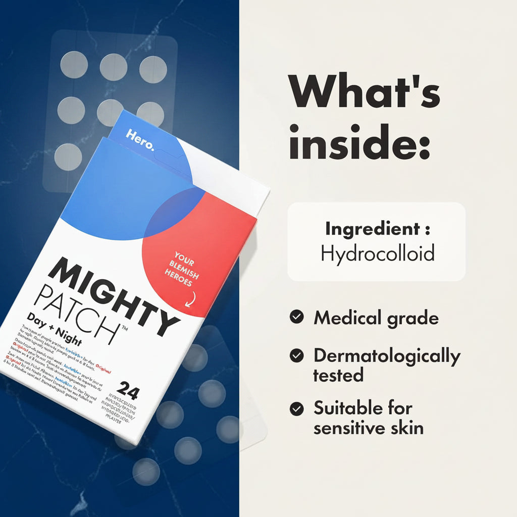 Mighty Patch packaging with ingredient details on a blue and white background