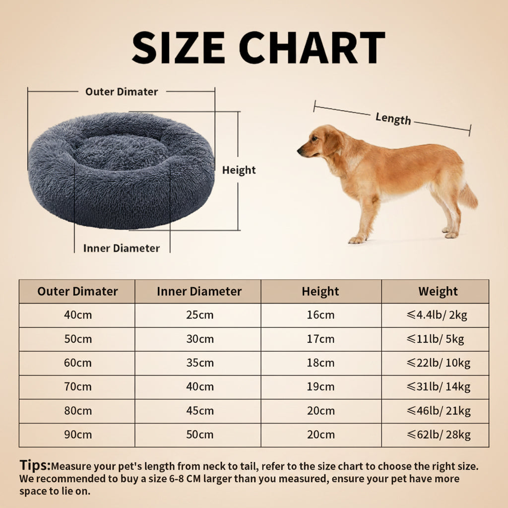 Size chart for a dog bed with dimensions and weight capacity