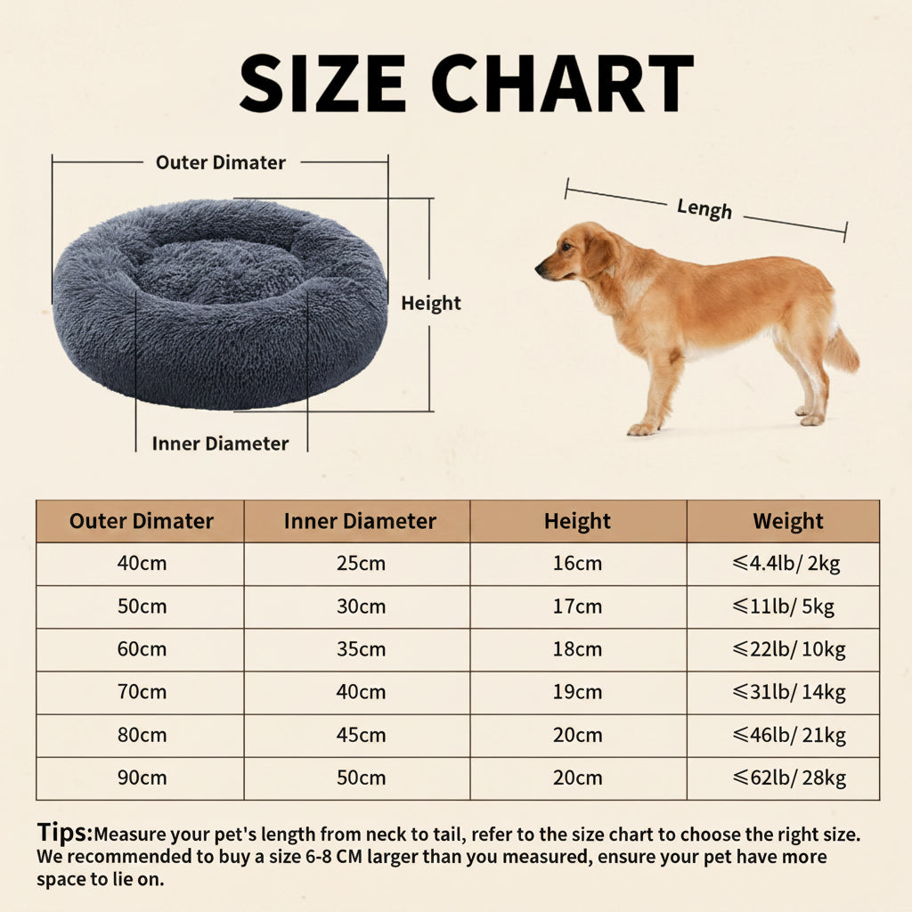 Size chart for a dog bed with dimensions and weight capacity