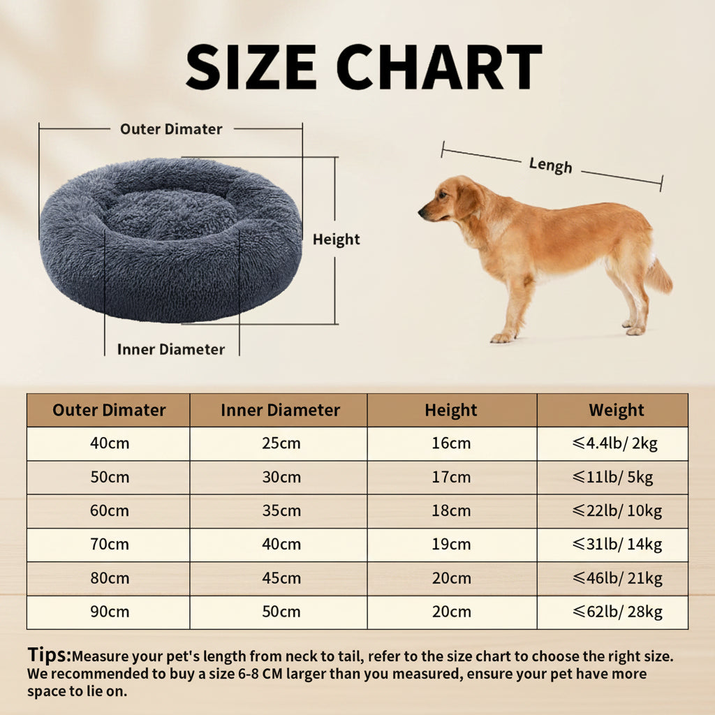 Size chart for a dog bed with dimensions and weight capacity