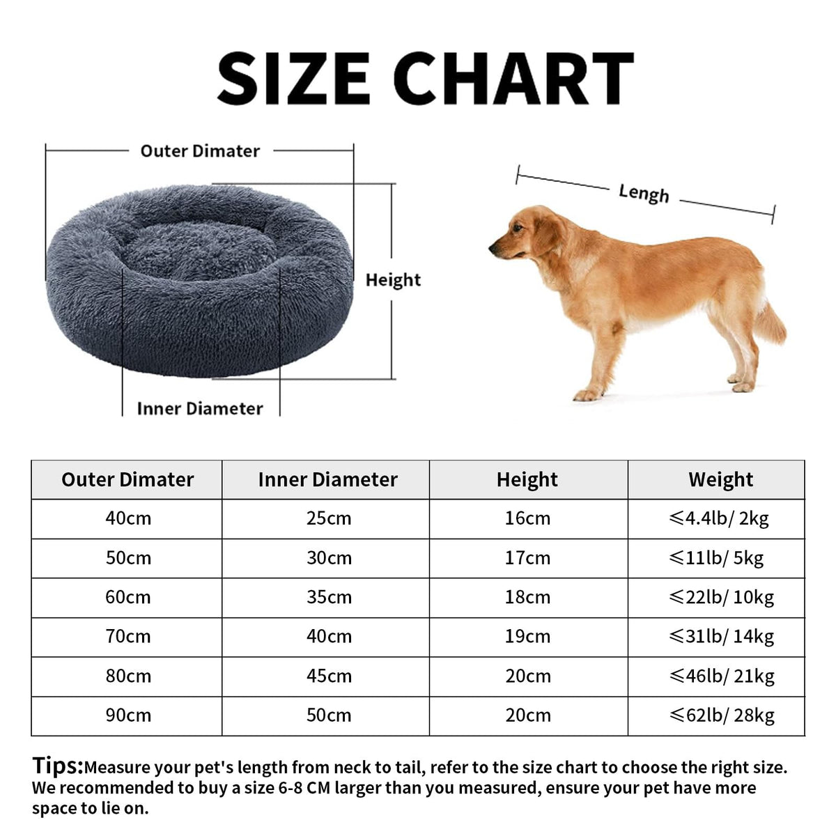 Size chart for a dog bed with dimensions and weight capacity