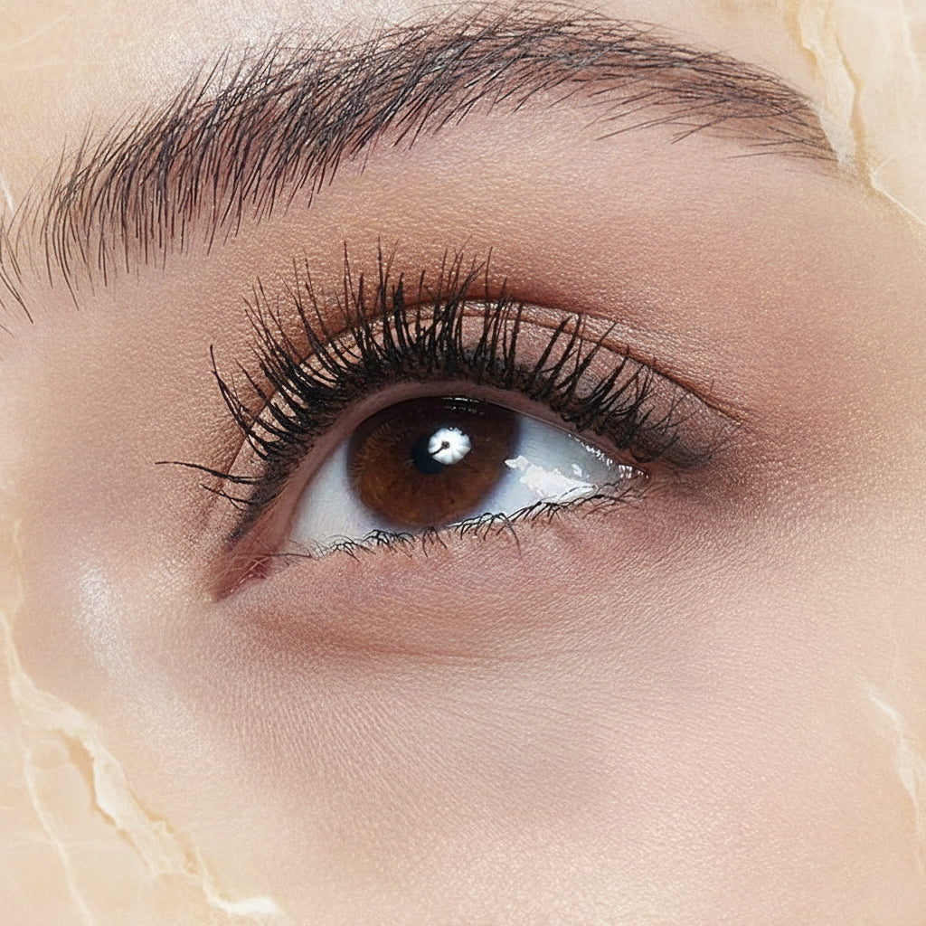 Close-up of an eye with long, voluminous lashes and text 'LONGUEUR ILLIMITÓéE & VOLUME' on a beige background.