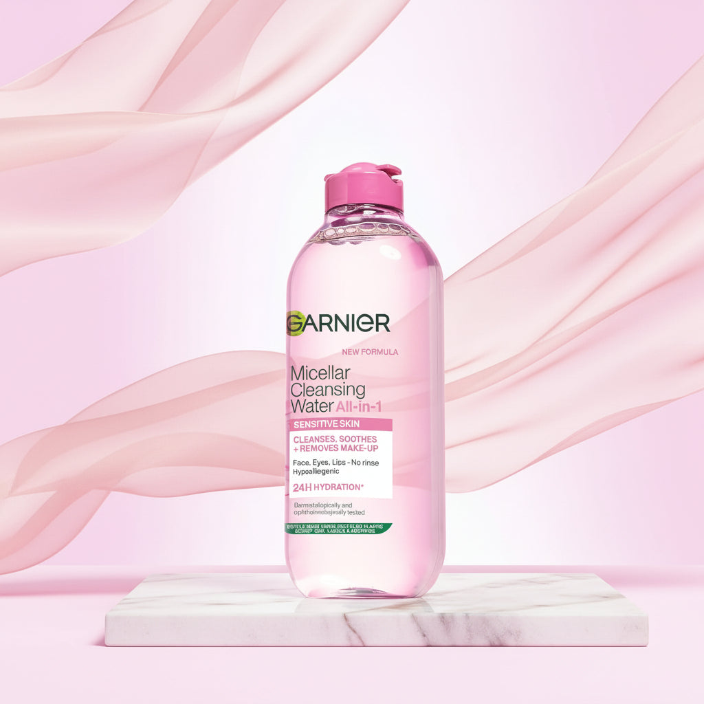 Garnier Micellar Cleansing Water All-in-1 for sensitive skin in a pink bottle with a pink flip-top cap, shown on a pale pink background. The left side includes Cruelty Free International and Vegan Formula badges.
