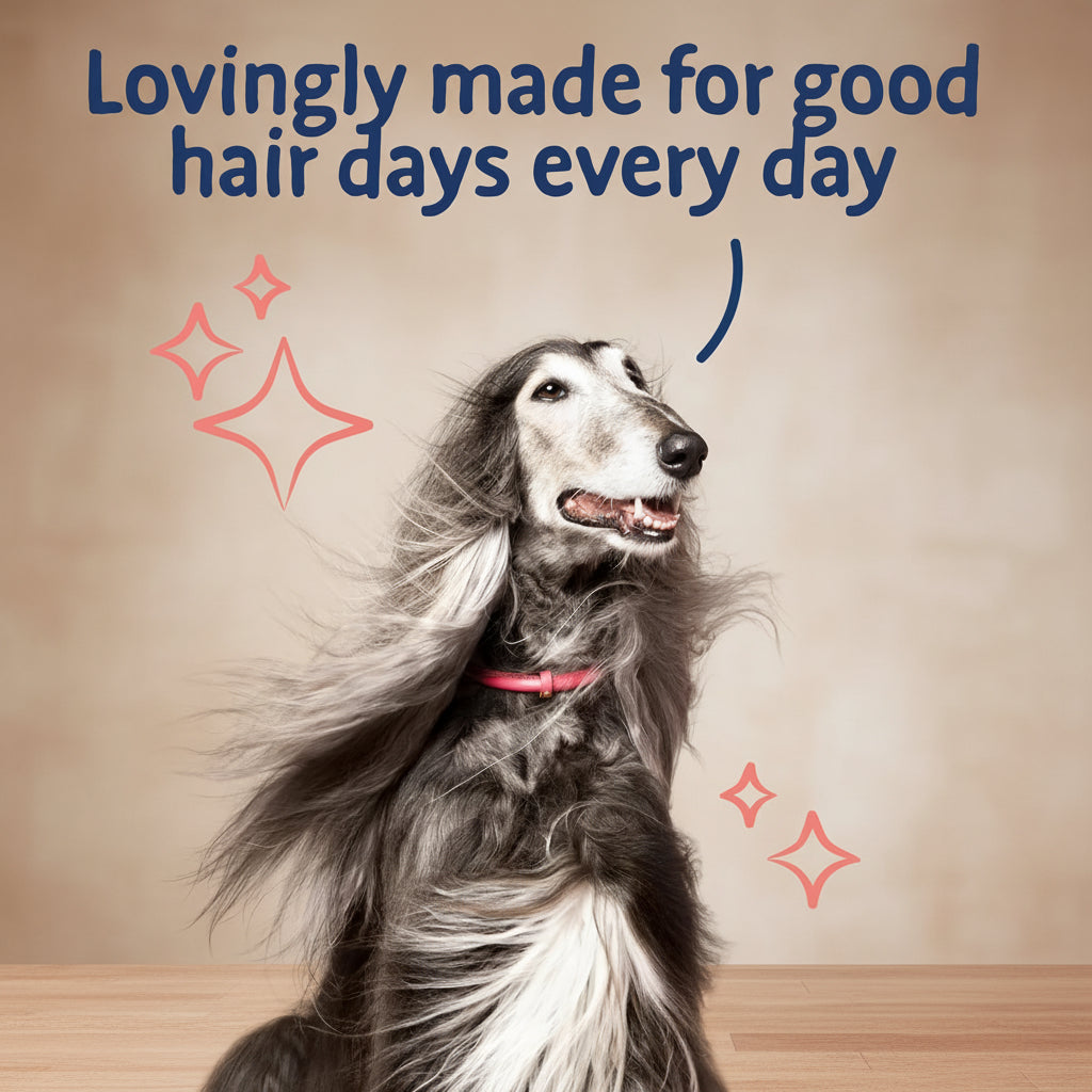 Dog with long hair on a pink background with text 'Lovingly made for good hair days every day'.